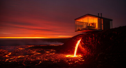 Obraz premium Modern Glass House Overlooking Flowing Lava Streams At Majestic Sunset