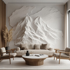 A modern, minimalist living room interior with neutral tones and Scandinavian design. High quality photo