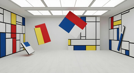 Geometric Composition Interior Displaying Abstract Painting With Primary Color Palette