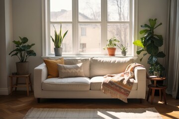 Bright and cozy living room with a sofa, plants, and natural light creating a relaxing atmosphere.