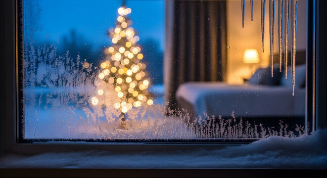 Cozy Christmas Eve Scene Through Frosted Window with Christmas Tree