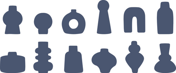 Vase silhouettes set. Modern art deco ceramic or stoneware decorative container shapes, vector icon set
