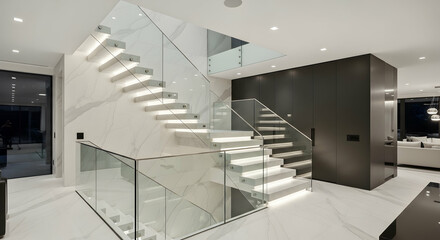 Modern Staircase With Marble Wall Glass Railings And Led Lighting