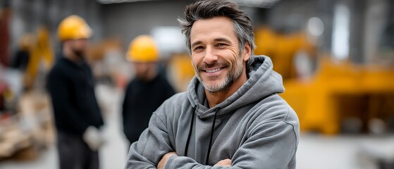 Fototapeta premium a man in a construction setting, standing confidently with his arms crossed. he appears to be wearing safety attire and is smiling at the camera