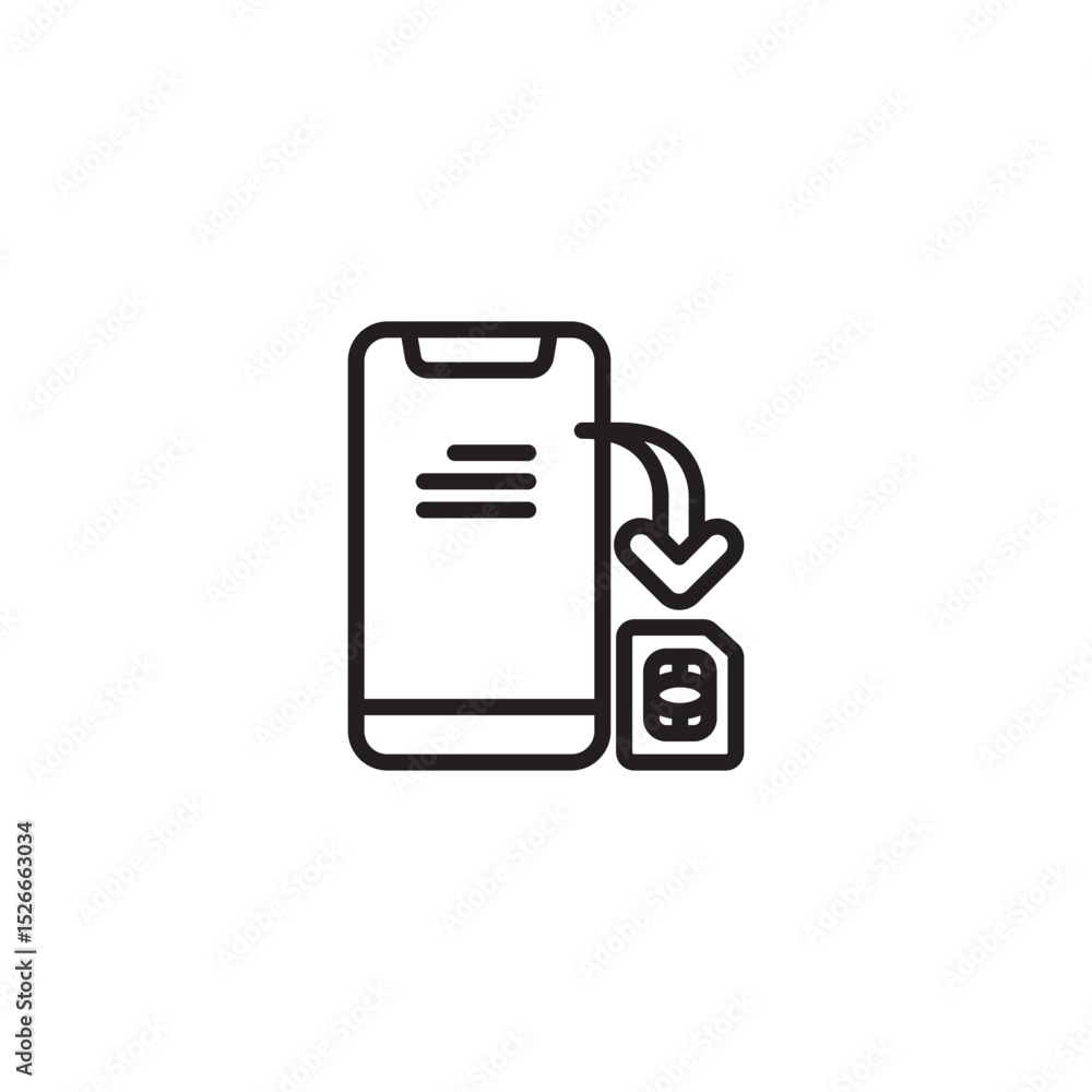 Aufkleber a black outline icon showing a smartphone with lines representing data, and a sim card with a downwa