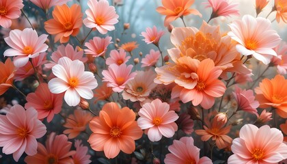 Digital Abstract Art with Floating Pink, Orange, and White Flowers