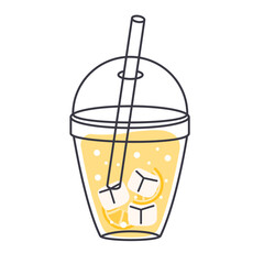 Lemonade in plastic cup with straw, ice cubes, refreshing drink, vector icon hand drawn style