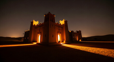 Obraz premium Magnificent Desert Fortress Shining Brightly Under the Starry Night Sky