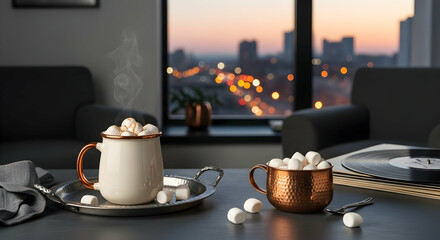 Obraz premium Cozy Evening At Home With Hot Chocolate And Marshmallows By The Window
