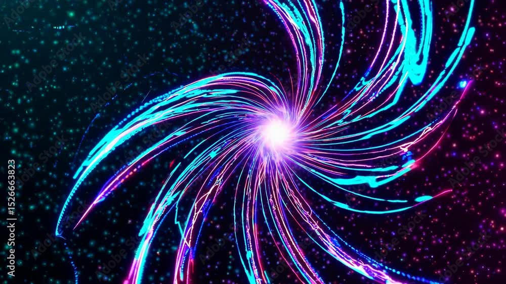Poster abstract visualization of rapidly swirling quantum light trails dynamically forming a spiral galaxy,