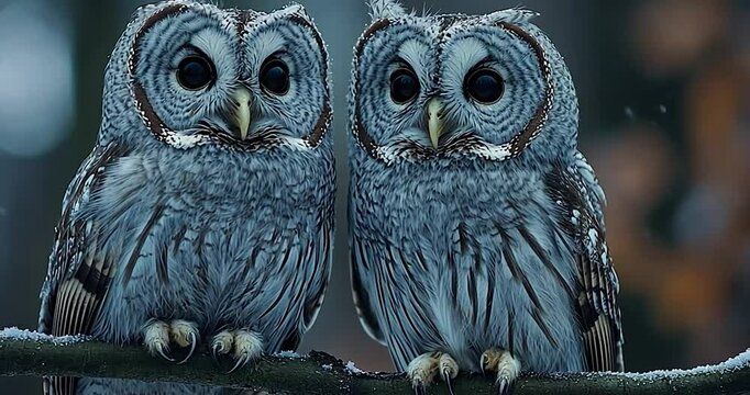 Two Owls Sitting On A Branch Close Up Of A Grey Tree With A Blur Background