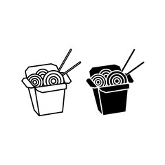 Simple outline and silhouette image of Asian noodles in traditional packaging with chopsticks. Suitable for food delivery, menu design, thematic websites and apps.