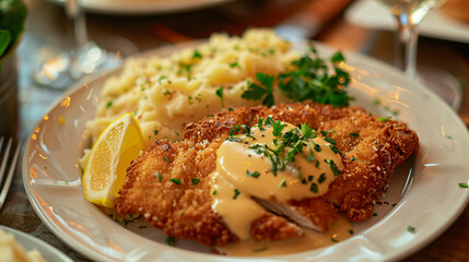 Golden-brown chicken schnitzel served with lemons and parsley