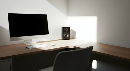 Modern Workplace Setup Computer And Speaker On Desk Illuminated By Sunlight