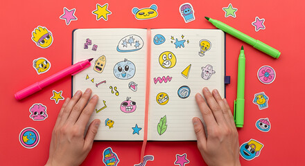Playful youth vibe, Open notebook with doodles, neon markers and stickers scattered on vivid coral red backdrop