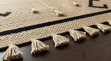 Boho Chic Rug With Tassels And Geometric Pattern On Dark Wooden Floor