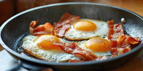 fried eggs  and bacon in a frying pan, ai generated.
