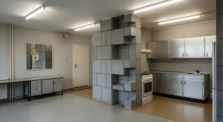 Minimalist Interior Featuring A Unique Cubist Divider In An Open Plan Living Space