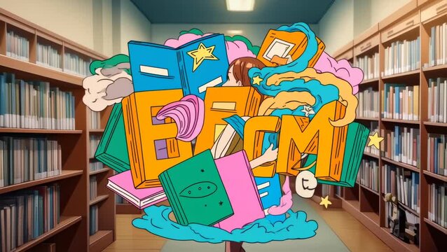 Creative education explosion in colorful cartoon-style library background
