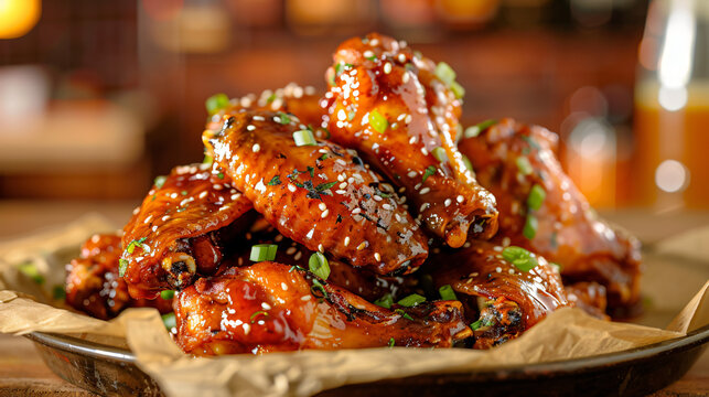 Honey mustard baked chicken wings stacked high on top of each other