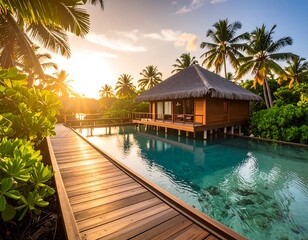Fototapeta premium Tropical sunset over a secluded pool house