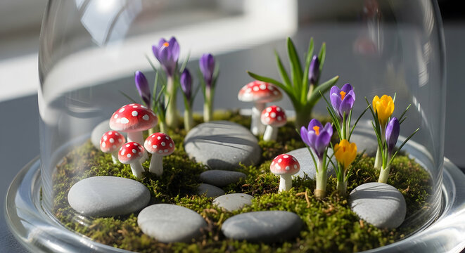 Miniature Forest Under Glass Dome With Crocuses And Fly Agaric - Powered by Adobe