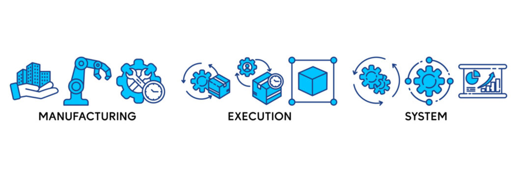MES icon set vector illustration concept relate to  manufacturing execution system with icon of factory, service, automation, operation, production, distribution, management, structure, and analysis