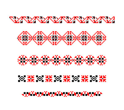 Set of traditional Ukrainian embroidery ethnic seamless borders with red black ornament vyshyvanka for decorating clothes, bags, accessories. Part 4