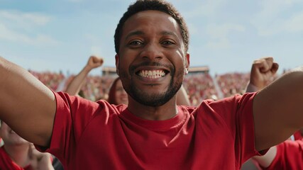 Black man celebrating team victory at stadium with crowd wearing red – AI generative model - Powered by Adobe