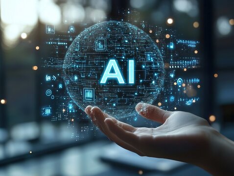 Open hand presenting glowing AI network sphere with digital data elements representing artificial intelligence, futuristic systems, and innovation - Powered by Adobe