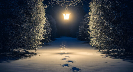Winter Night Scene With Illuminated Path Leading Through Snow Covered Trees