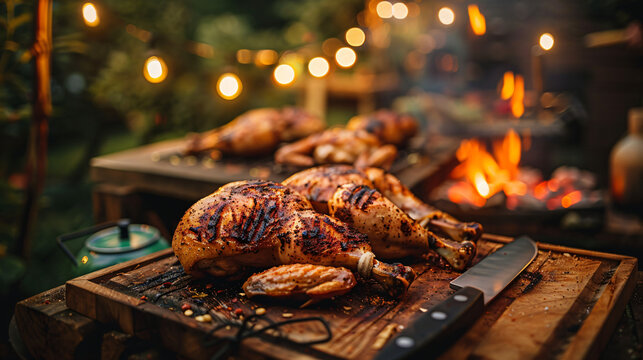 Spatchcocked chicken grilled flat over charcoal