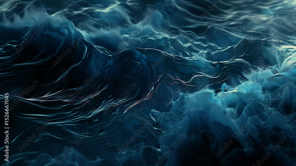 Poster abstract depiction of dark blue ocean waves with dynamic motion and rippling water surface creating 