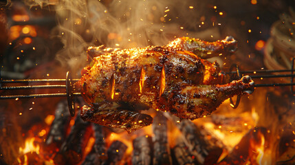 Whole rotisserie chicken turning slowly over glowing, burning coals