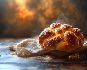 Savoring the rich aroma of freshly baked challah bread with sesame seeds on a rustic wooden table