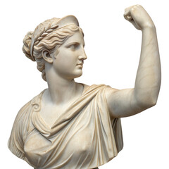 A classical marble bust of a woman with a laurel wreath, draped clothing, and a raised arm showing a clenched fist in a powerful pose.