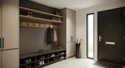 Modern Entryway With Storage Shelves And Minimalist Design For Home Organization