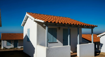 Serene White Cabins with Terracotta Roofs Against a Deep Blue Sky Backdrop