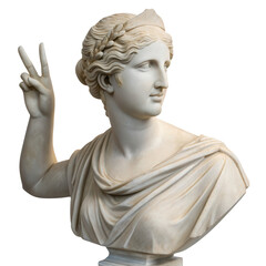 Obraz premium A classical marble bust of a woman with wavy hair in a laurel wreath, draped clothing, and her right hand raised making a peace sign.