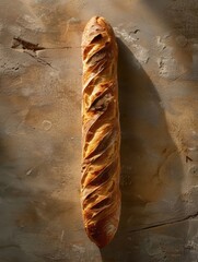 Artfully crafted baguette on a rustic surface, showcasing French baking artistry