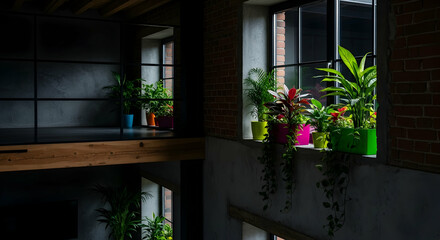 Indoor Plants On Windowsill In A Converted Industrial Loft Apartment