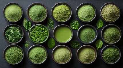 Different types of matcha and green tea are displayed in a visually appealing arrangement.