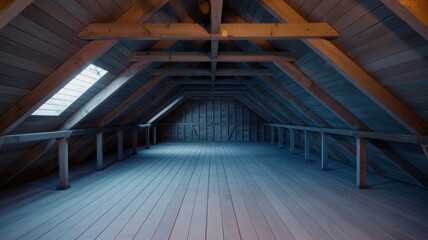 Spacious wooden attic with skylight and exposed beams