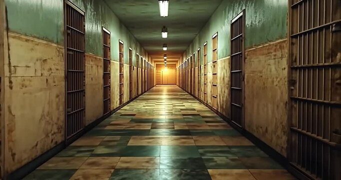 An empty prison corridor with jail cells, interior view, dim lighting, old, rusty and grunge look with shadows and warm tones