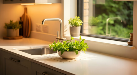 Sunlit Kitchen Counter With Green Plants And Modern Fixtures Near Window