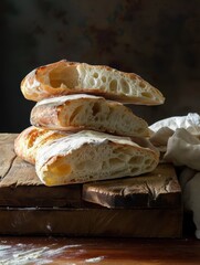 Delighting in the golden crust of freshly baked Italian bread on a rustic wooden board