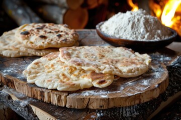 Delicious bannock flatbread baking next to a rustic fire on a wooden table