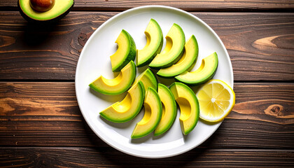 Plano cenital de aguacate partido en trozos en un plato blanco sobre la mesa de madera de la cocina