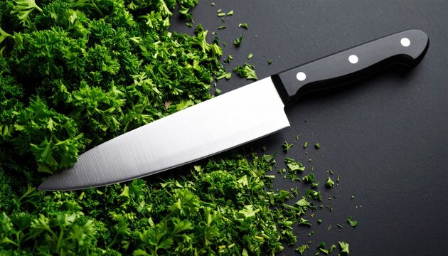 Precision Cuisine: A culinary composition featuring a sharp knife amidst a bed of freshly chopped parsley, embodying the art of fine dining and the joy of home cooking.