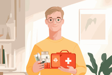 Friendly young man holding a first aid kit